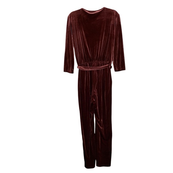 Nordstrom Fraiche by J NWT Berry velvet long sleeve vneck  jumpsuit. Size L - Picture 3 of 14